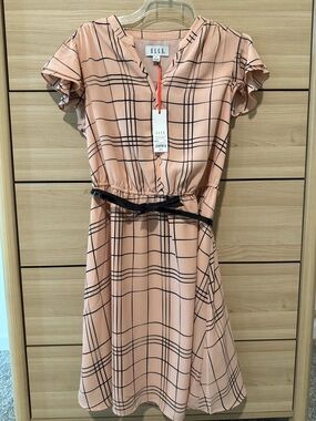 ELLE Peach Plaid Short-Sleeve Midi Dress with Black Belt